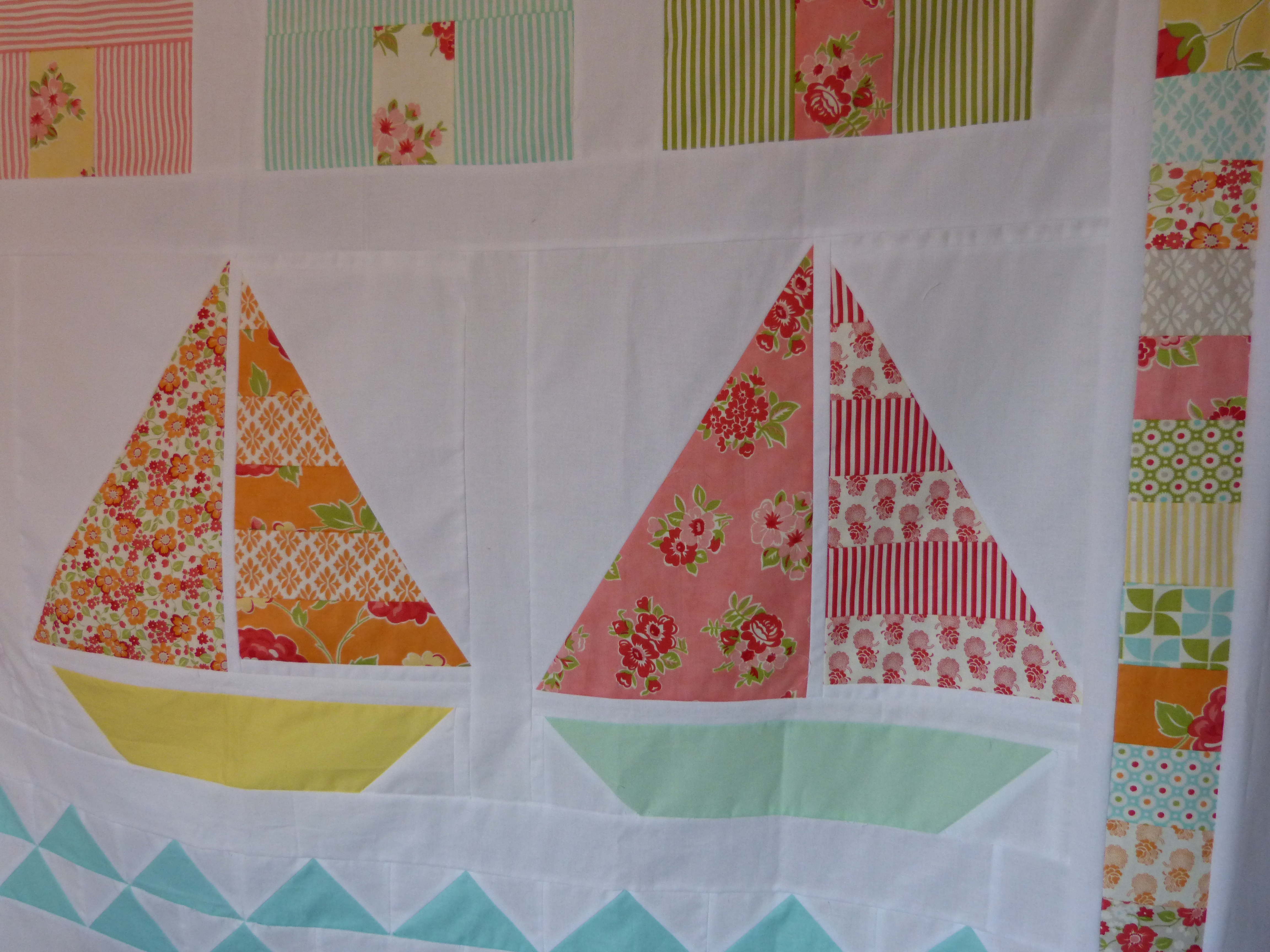 Summer beach quilt--sailboat block with Marmalade fabric by bonnie and 